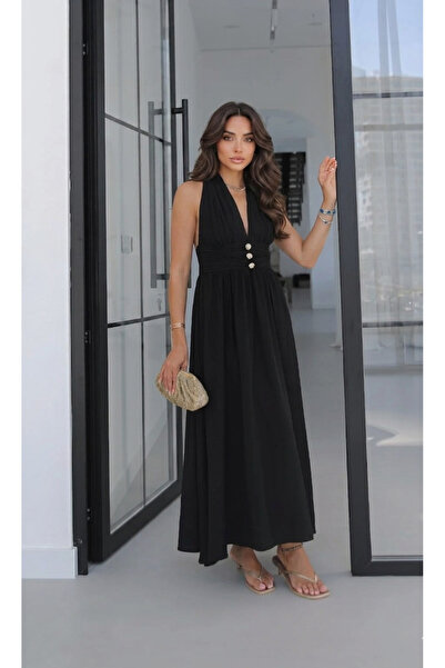 Miss Beyoğlu Women's Halter Neck Dress with Gold Buttons on the Front and Dra...