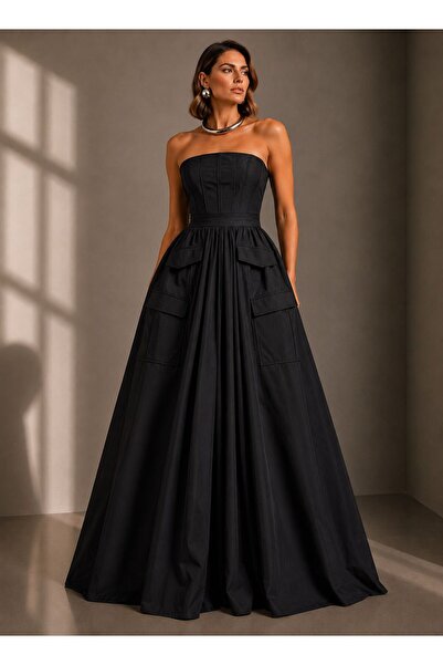 ALYEL NAKER Utility Pocket Detailed Maxi Length Strapless Poplin Dress