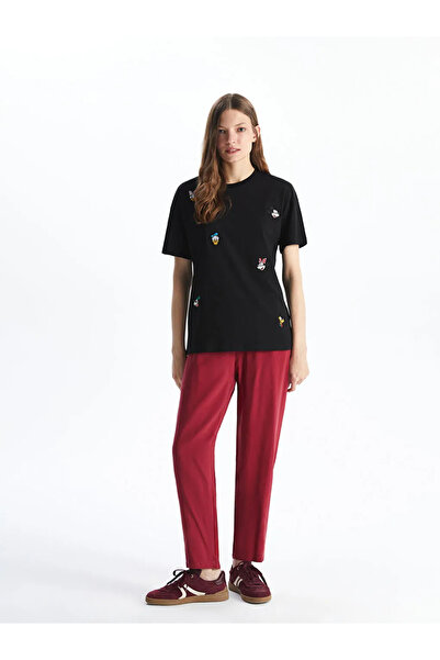 LC Waikiki Red Elastic Waist Linen Look Women's Trousers