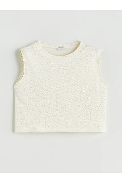 LC Waikiki Ecru Crew Neck Openwork Girl's Crop Undershirt