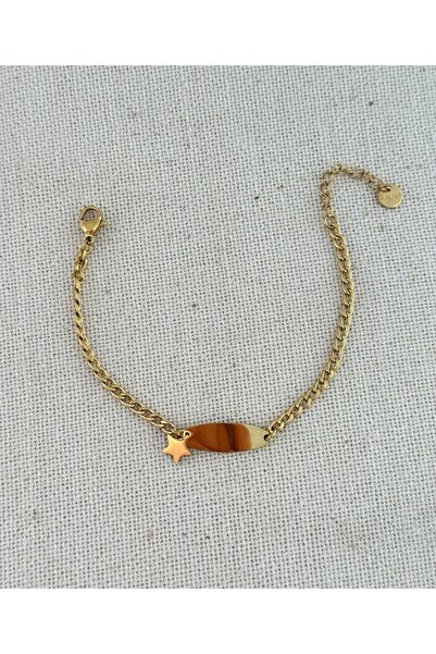 Haziran Accessory, Children's Tag Gold Steel Bracelet with Star Charm