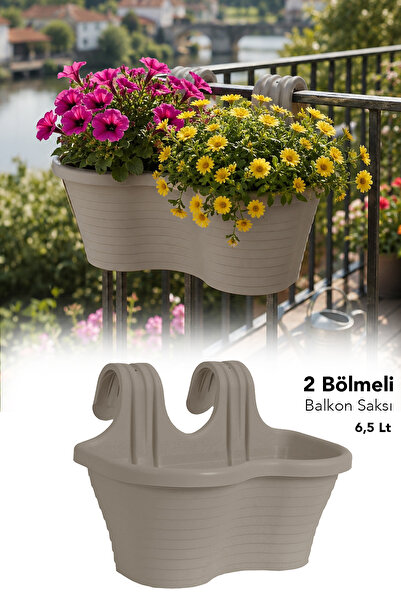 Meleni Home 2 Bölmeli Çizgili Balkon Saksısı - Asılabilir Dekoratif Plastik B...