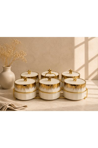 Vadi 6-Piece Porcelain Gold Breakfast Set with Lid and Metal Stand Presentation Container