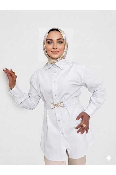 YEK&BİR Women's Gold Belt-Detail Balloon Sleeve Tunic Shirt