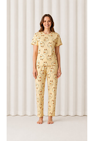 İNKO İÇ GİYİM Patterned Short Sleeve Bottom Long Women's Pajama Set