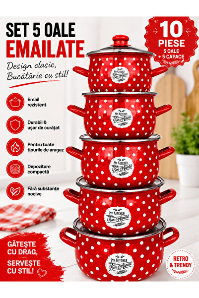 Arian Set 5 oale emailate cu capac, 2L–6,2L, model Puncte albe