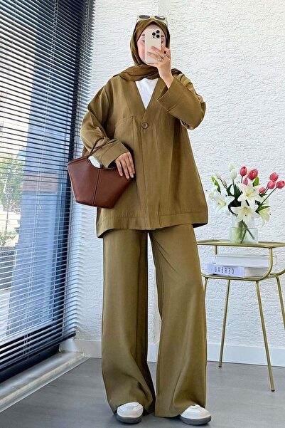 MELEK ARAZ Premium Tek Düğmeli Modal Pantolon Takım - Yağ Yeşili