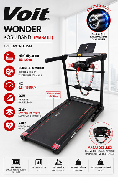 Voit Wonder Masajlı Katlanabilir Koşu Bandı 16 Km/H Brushless Motorlu Ev Tipi...
