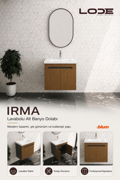 LODE Bath IRMA SERİSİ 60 Cm Lavabolu Alt Banyo Dolabı, Kapaklı Banyo Alt Dola...