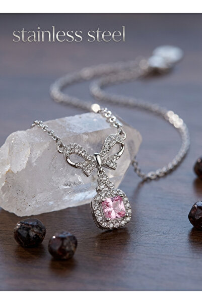 stainless steell 316L Steel Silver Color Bowknot Detail Pink Zircon Stone Sol...