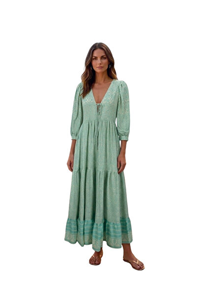 CapriMare Green Long Sleeve V-Neck Kiloş Dress