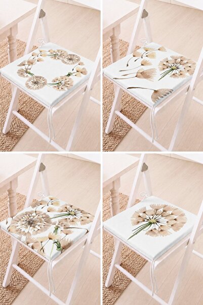 Home Set of 4 Beige Tone Floral Patterned Lace-Up Chair Cushions