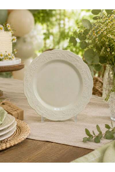 Parti Adresi Lüks Mika Tabak Vintage Desenli Plastik Parti Tabağı Krem 18 cm