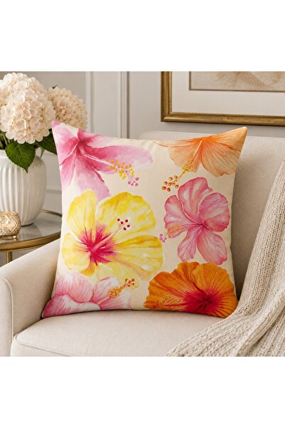 Piloji Summer Flowers Throw Pillow Cover 43X43 cm Pink Yellow Patterned Pillo...
