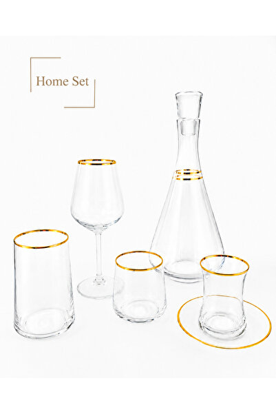 HOME SET 61 Parça Gold Yaldızlı Cam Sofra Seti – Karaflı Lüks Sunum Takımı
