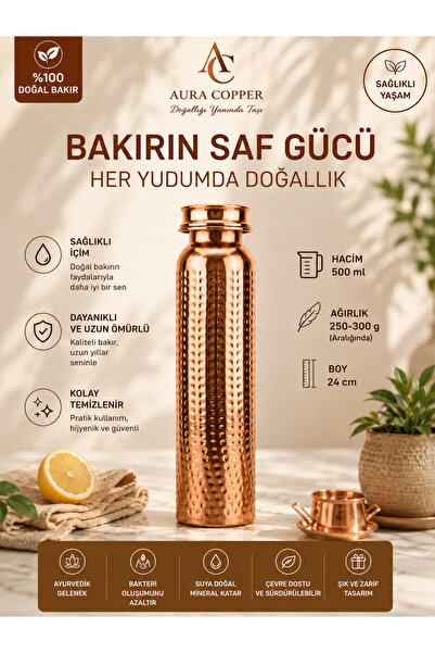 AURA COPPER El İşçiliği Bakır Matara 500 ml – Günlük, Spor, Okul ve Ofis Kull...