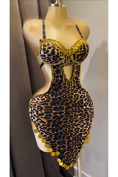 RAHAF TİCARET Kadın Leopar Desenli Gold Pul Detaylı Göbek Dekolteli Mini Elbise