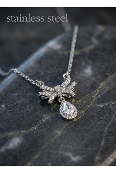stainless steell 316L Steel Chain Silver Color Zircon Stone Drop Detail Bow P...
