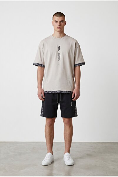 Altamira Men's Smoke Gray Vertical Printed Oversize T-Shirt Shorts
