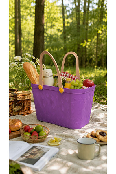 İndecor Houseware Deri Görünümlü Çok Amaçlı Kulplu Plastik Organizer Sepet Deniz Çantası Plaj Çantası, Piknik Sepeti, Dekoratif Sepet