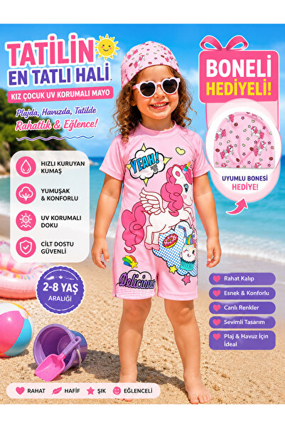 melek Kız Çocuk Unicorn Desenli UV Korumalı Deniz Tulumu – Boneli Hediyeli Ma...
