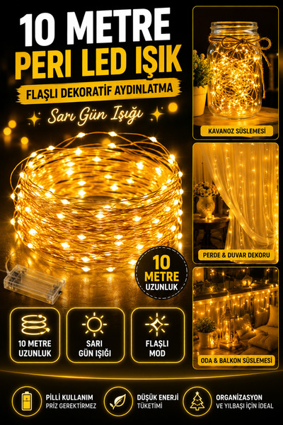 Hane Dostu 10 Metre Sarı Peri LED Flaşlı Işık Tel Aydınlatma Gün Işığı Oda Ba...