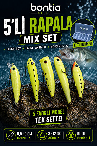 Bontia Select 5'li Rapala Mix Set Yapay Balık Yemi – 6,5-9 cm | 8-12 gr | Lev...