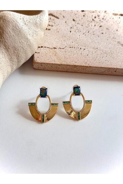 ANKA JEWELLRY Women's Steel Green Stone Detailled Geometric Gold Earrings