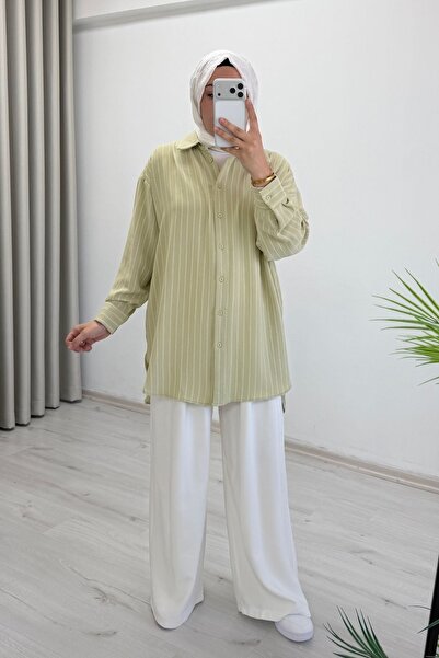T Moda Store İkoll Basic Oversize Striped Shirt (Suitable for Sizes 38-46)