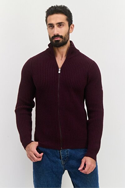 Trussardi Jeans Men High Neck Knitted Long Sleeves Full Zip Cardigan, Maroon