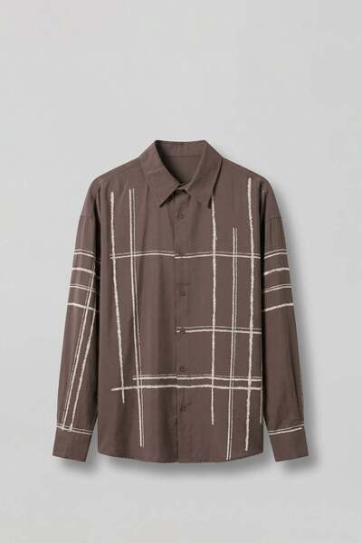 ablukaonline Men's Oversize Flocked Striped Long Sleeve Tencel Shirt Brown