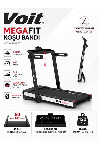 Voit Mega Fit Otomatik Eğimli 50x125 cm Geniş Bant Koşu Bandı 16km Hız Blueto...
