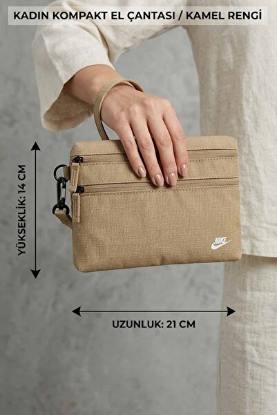 Nike Women's Camel Color Fabric Handbag with Compartments and Wrist Strap 21X...