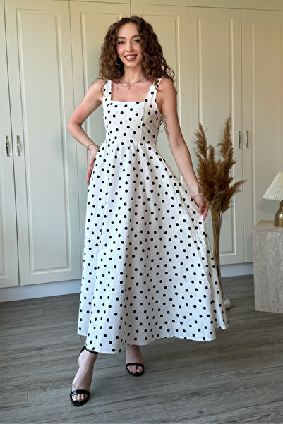 Dilay Gökoğlu Butik Square Collar Poplin Fabric Midi Flared White Polka Dot D...