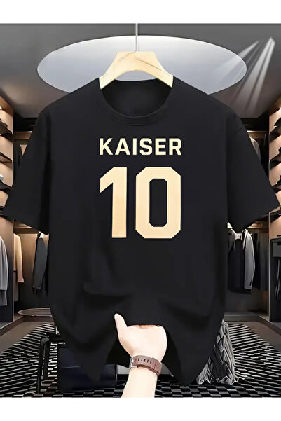 NOURAM تي شيرت أسود وأبيض بأكمام قصيرة مع طباعة رقم 10 ذهبية من KAISER، مثالي...