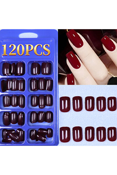 Choice PURPLE 120PCS Press French Red Mid-Length Square Fake Nails Solid Colo...