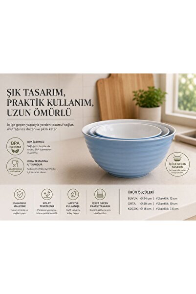 Nestora Kitchen 3'lü Pratik Plastik Saklama ve Karıştırma Kase Seti (1.2 L + ...