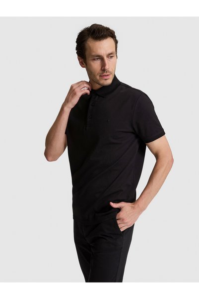 Cacharel Siyah Slim Fit Pamuk Karışımlı Düğmeli Polo Yaka Basic T-shirt 50328375-VR046