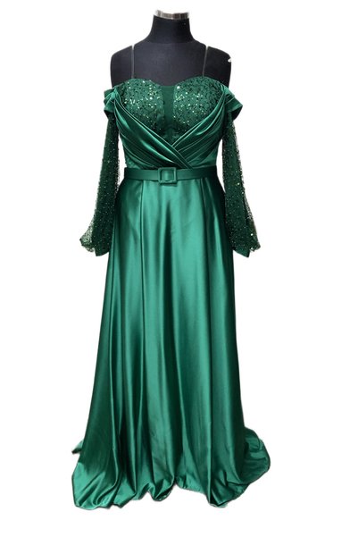 Daxe Textile Sequin Bustier Balloon Sleeve Satin Evening Dress