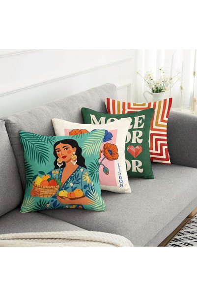 Realhomes Çift Tarafli Süet More Amor ve Kadın Portreli 4'lü Kırlent Kılıfı Seti - Renkli Geometrik ve Çiçekli Dekoratif Yastık Kılıfı