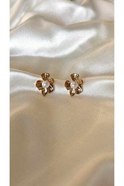 Eylülün Takısı Women's Gold Color Pearl and Flower Model Minimal Earrings