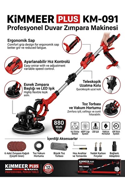 KİMMEER PLUS Kimmer Plus KM-091 Profesyonel Duvar Ve Tavan Zımpara Makinesi 8...