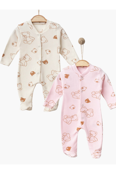 Mou&Kou 2-Piece Baby Rompers with Booties Teddy Bear Patterned Ribbed Cotton ...