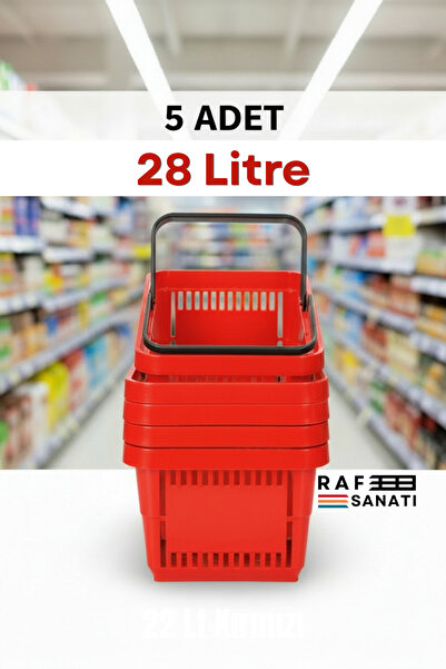Raf Sanatı 5 Adet 28 Litre Plastik Market Alışveriş Sepeti Saplı Dayanıklı Ma...