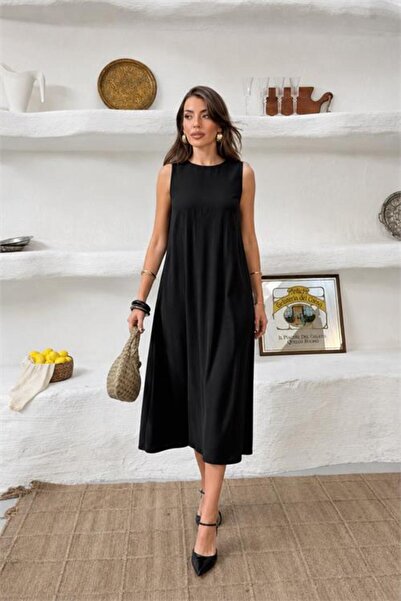 Neşeli Butik Γυναικείο μαύρο αμάνικο oversize καλοκαιρινό φόρεμα με λεπτομέρε...