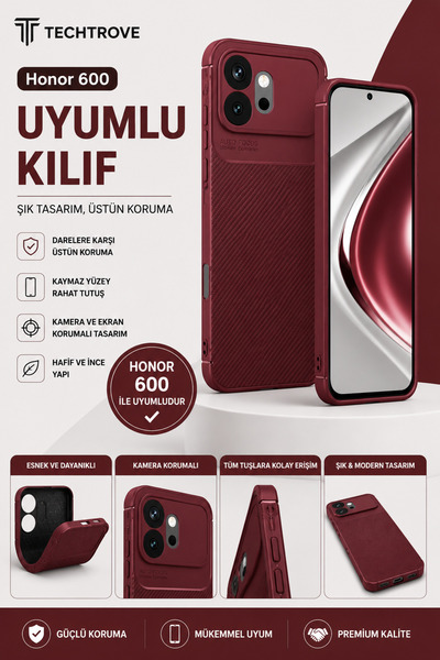TechTrove Honor 600 Uyumlu Kılıf Karbon Tasarımlı İnce Yapılı Kamera Korumalı...
