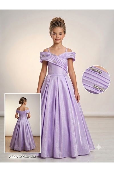 Erkut Boat Neckline Stone Detailed Special Occasion Girl's Evening Dress