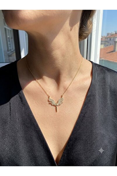 GİS JEWELRY Gold Color Archangel Michael Winged White Stone Zircon Steel Neck...