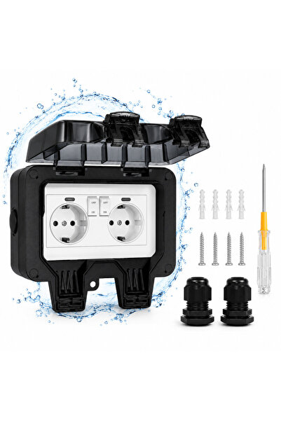 Velixo Priză dublă de exterior IP66, 250V/16A, cu capac blocabil, indicator l...