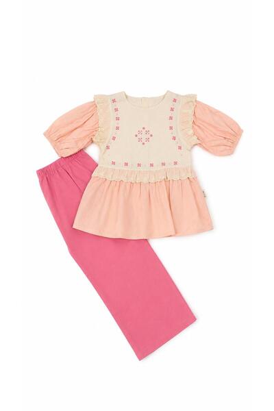 Oz Baby Girl's Cotton Embroidery Detailed Ruffled Tunic and Pants Set 6-9 Yea...
